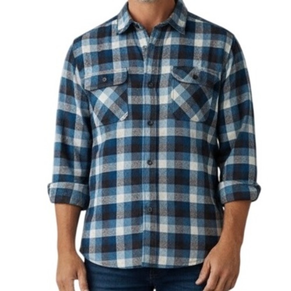 Woolrich Plaid Flannel Mens Large Shirt‎ Blue Black Check Long Sleeve Cotton